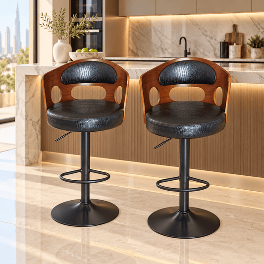 Crocodile Embossed PU Leather Adjustable Swivel Bar Stool – Black & Walnut - Al Thahani Furniture