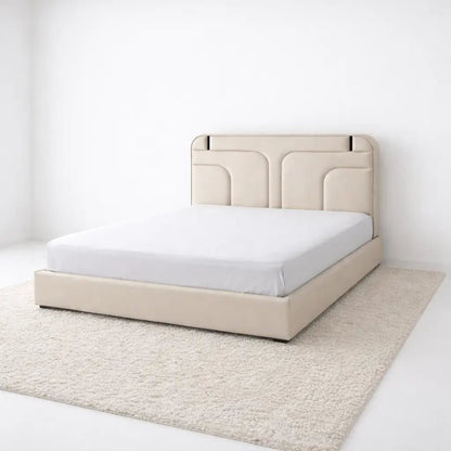 Custom Upholstered King Bed – Modern Sculptural Headboard, Cream Fabric, Locally Made in UAE, Brand New with Mattress (180x200 cm) - althahanifurniture
