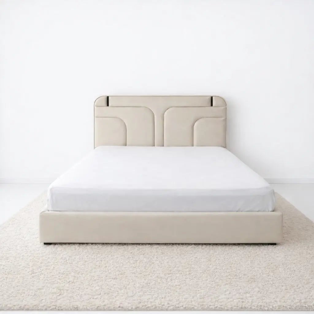 Custom Upholstered King Bed – Modern Sculptural Headboard, Cream Fabric, Locally Made in UAE, Brand New with Mattress (180x200 cm) - althahanifurniture