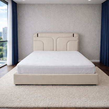 Custom Upholstered King Bed – Modern Sculptural Headboard, Cream Fabric, Locally Made in UAE, Brand New with Mattress (180x200 cm) - althahanifurniture