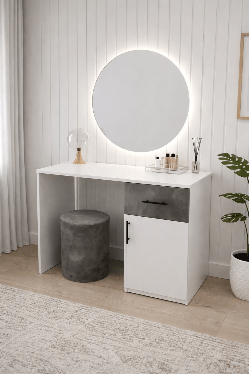 Customized 5 - Piece King Bedroom Set – White & Grey Modern Design – Dressing Table with Mirror & Ottoman Included – 180x200 cm – Brand New - althahanifurniture