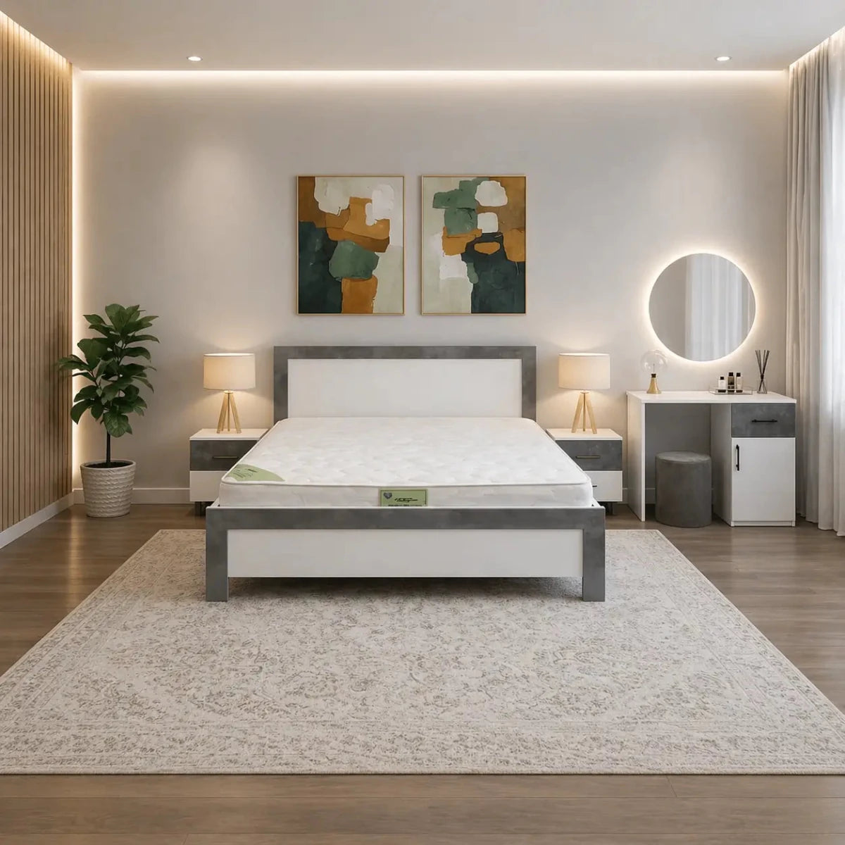 Customized 5 - Piece King Bedroom Set – White & Grey Modern Design – Dressing Table with Mirror & Ottoman Included – 180x200 cm – Brand New - Al Thahani Furniture