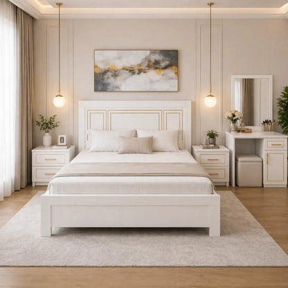 Customized 5 - Piece King Bedroom Set – White Panel Design – 6 - Door Wardrobe with Mirror Doors – Premium Mattress Included – 180x200 cm – Brand New - Al Thahani Furniture