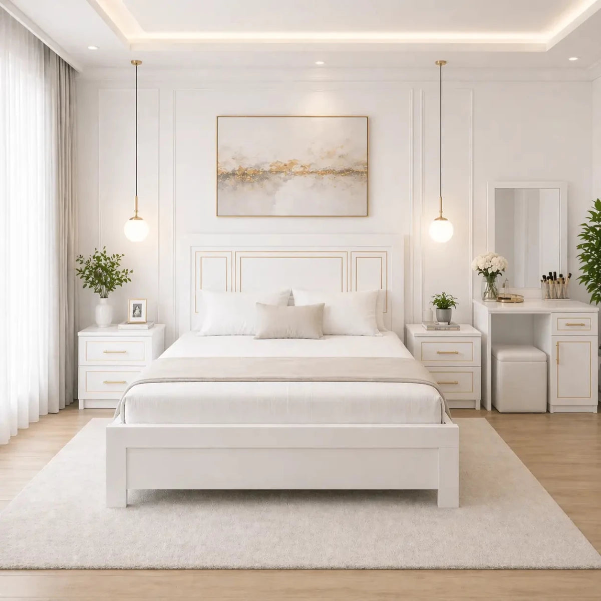 Customized 5 - Piece King Bedroom Set – White Panel Design – Solid Wood Wardrobe – Premium Mattress Included – 180x200 cm – Brand New - Al Thahani Furniture