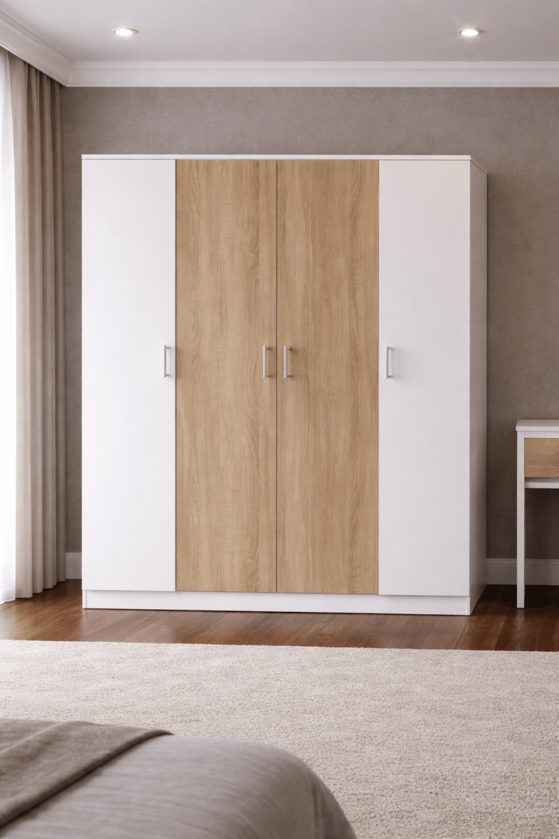 Customized 6 - Piece King Bedroom Set – White & Natural Wood – Dressing Table with Mirror & Stool Included – 180x200 cm – Brand New - althahanifurniture