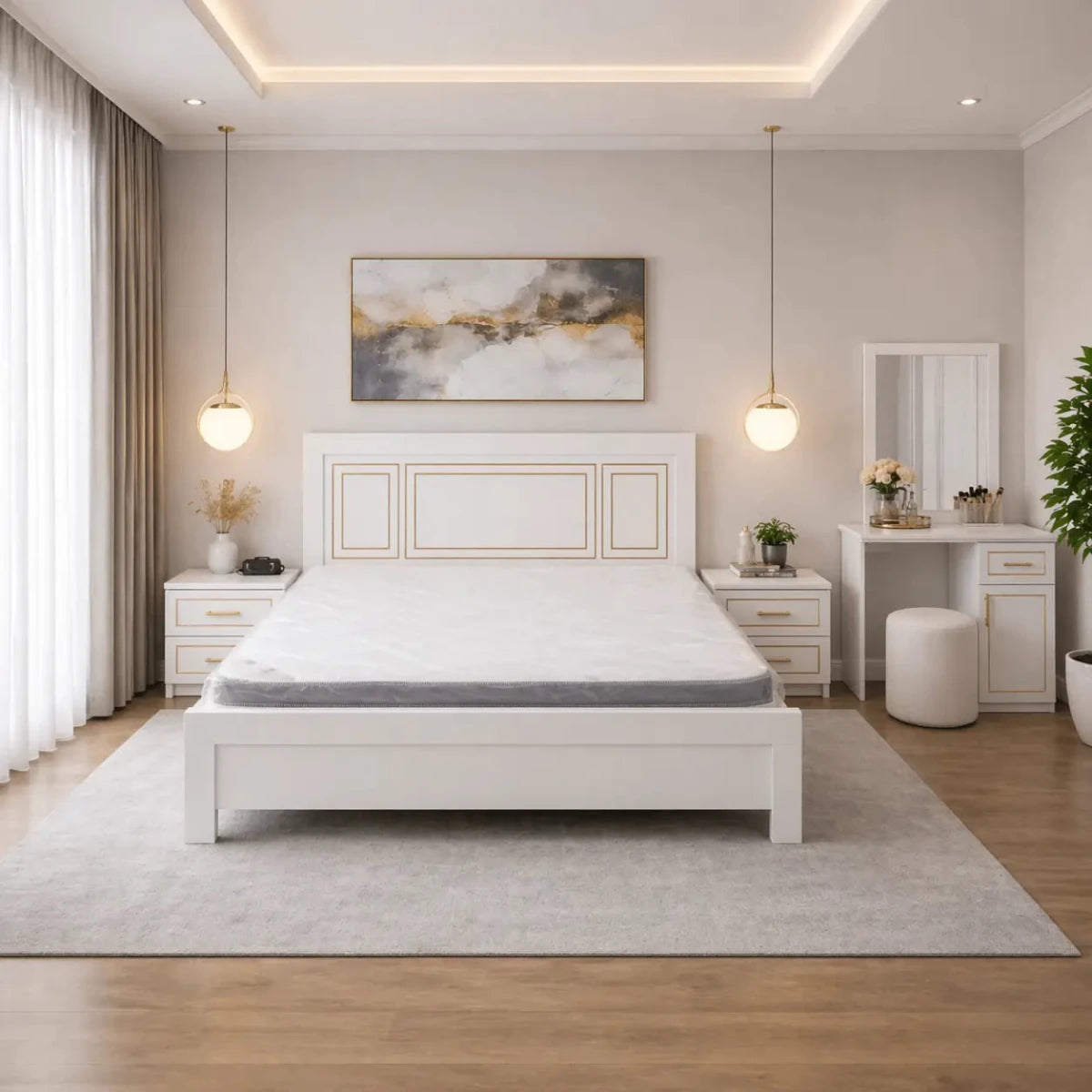 Customized King Bedroom Set – White Panel Design – 180x200 cm with Premium Mattress – Complete 5 - Piece Suite – Brand New - Al Thahani Furniture