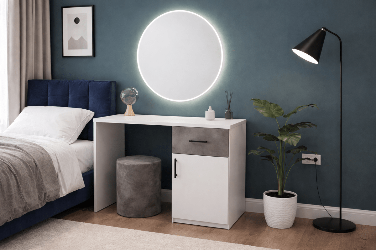Customized Modern Vanity Dressing Table Set – White & Grey with Circular Mirror & Stool – 100cm – Chic Design – Brand New - althahanifurniture