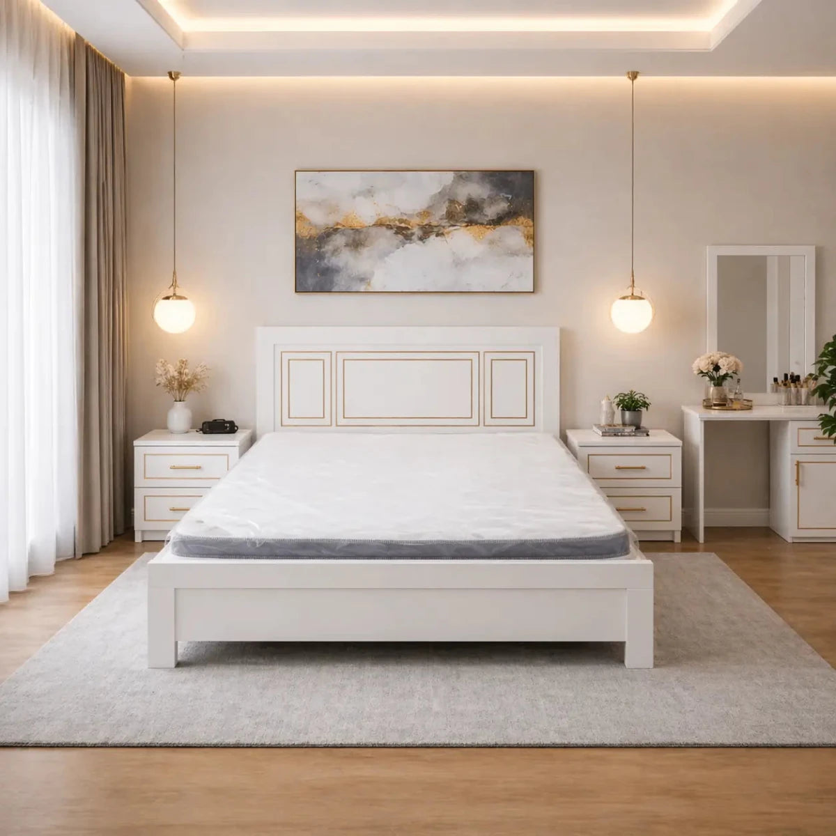 Customized Queen Bedroom Set – Modern White Panel Design with Solid Wood 4 - Door Wardrobe – Brand New – 160x200 cm - Al Thahani Furniture