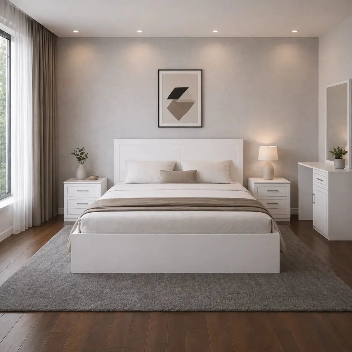 Customized Queen Bedroom Set – Premium White – AFT Pentair Series – 4 - Door Wardrobe Included – Brand New – 160x200 cm - Al Thahani Furniture