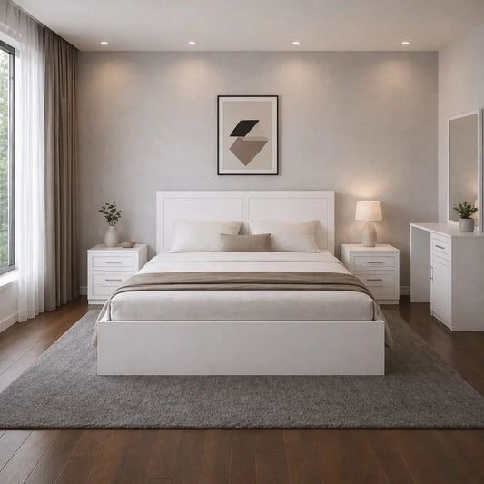 Customized Queen Bedroom Set – Premium White – AFT Pentair Series – 4 - Door Wardrobe Included – Brand New – 160x200 cm - Al Thahani Furniture