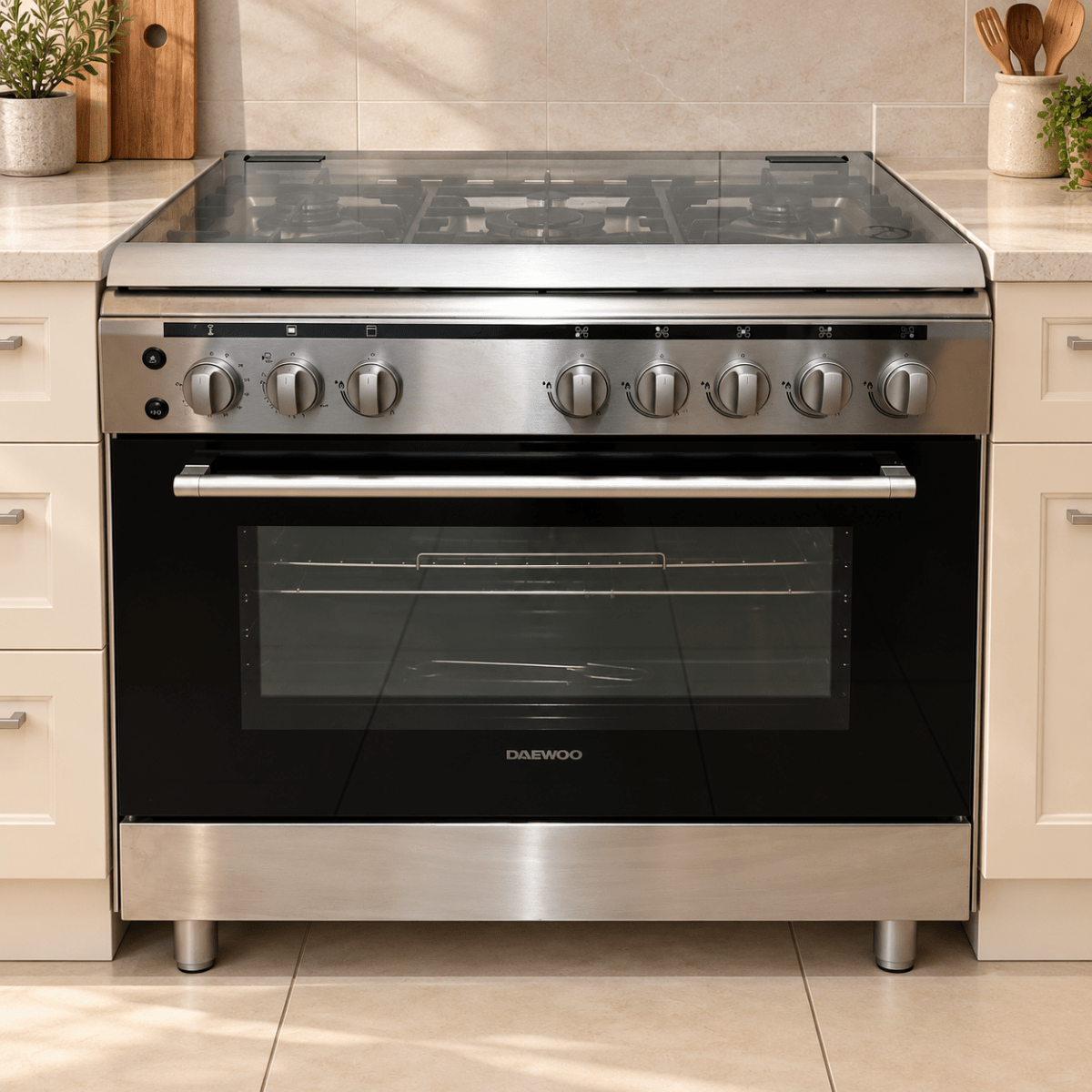 Daewoo DGC-S965M 90 cm 5-Burner Freestanding Gas Cooker – Stainless Steel - Al Thahani Furniture