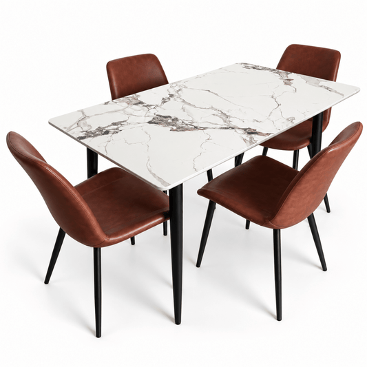 Danube Home 5-Piece Marble-Effect Dining Set with 4 Brown Upholstered Chairs – White & Black - Al Thahani Furniture