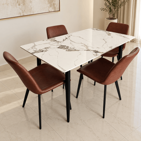 Danube Home 5-Piece Marble-Effect Dining Set with 4 Brown Upholstered Chairs – White & Black - Al Thahani Furniture