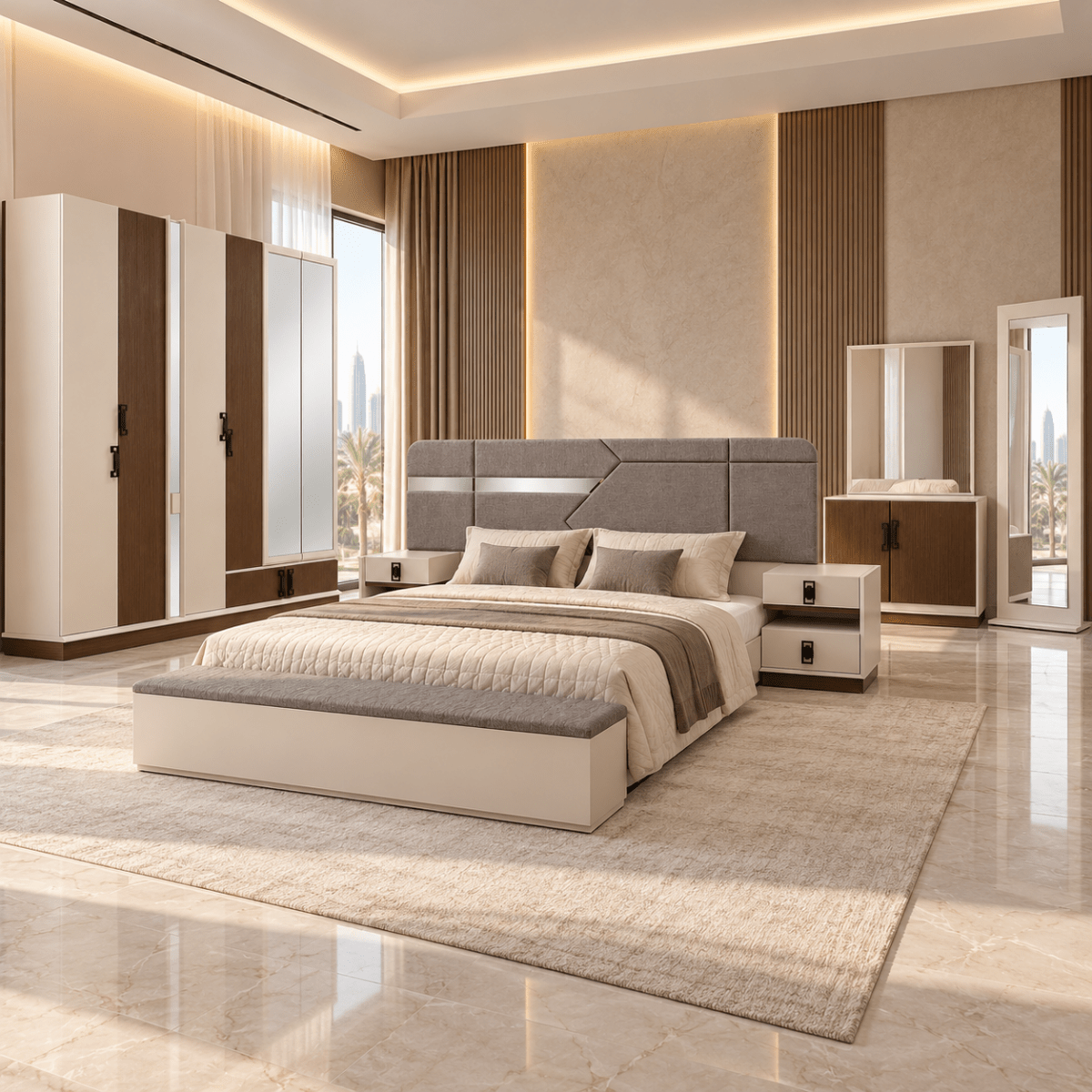 Danube Home Aurelia King Storage Bedroom Set with Mattress – 180 × 200 cm – Cream, Walnut & Grey - Al Thahani Furniture