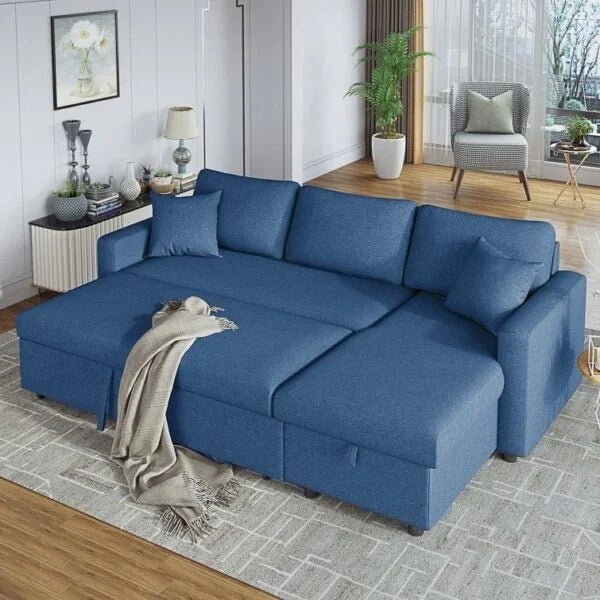 Danube Home Hunter 3‑Seater Sofa Cum Bed | Blue Fabric | Solid Wood Frame | Convertible Chaise & Storage - althahanifurniture
