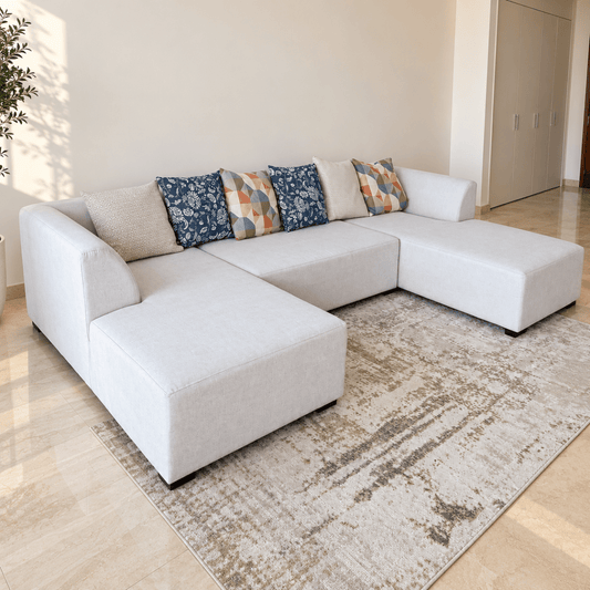Danube Home Ivory U-Shaped Sectional Sofa with Double Chaise & 6 Decorative Cushions - Al Thahani Furniture