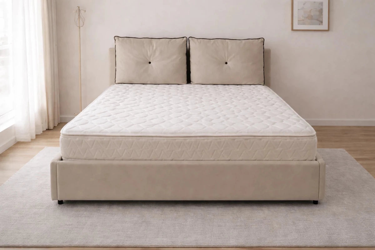Danube Home King Bed with Hydraulic Storage – Plush Cushion Headboard, Beige Fabric, 180x200 cm - althahanifurniture