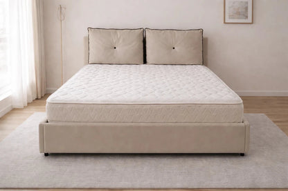 Danube Home King Bed with Hydraulic Storage – Plush Cushion Headboard, Beige Fabric, 180x200 cm - althahanifurniture