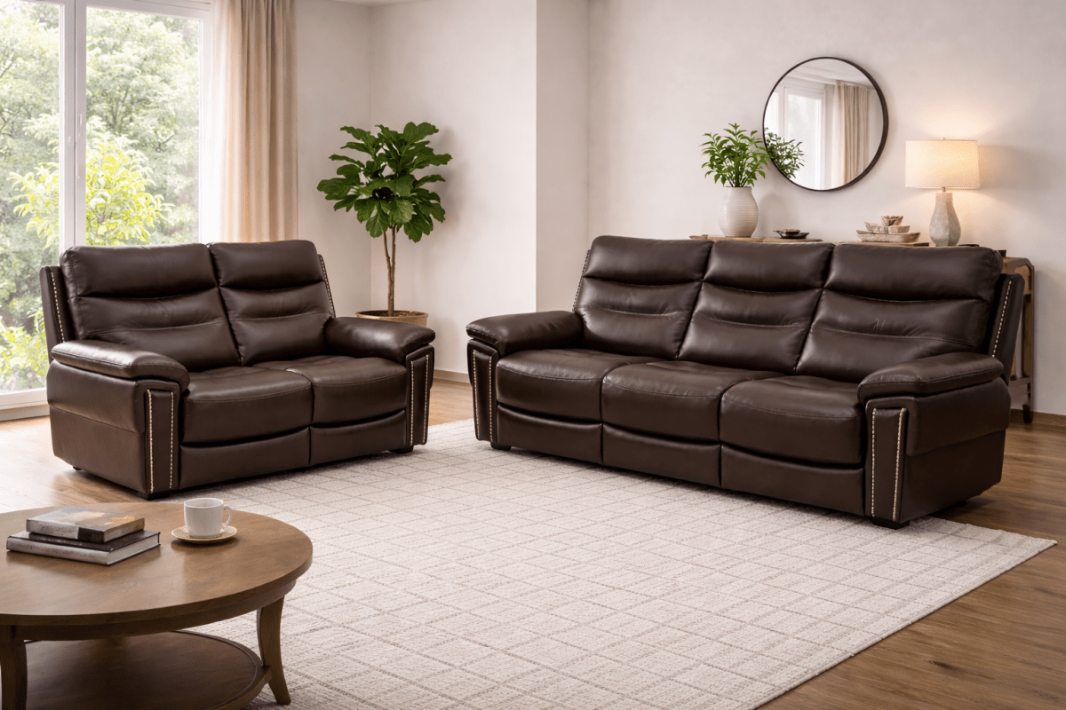 Danube Home Lucy 3+2 Brown Leather Recliner Sofa Set - althahanifurniture
