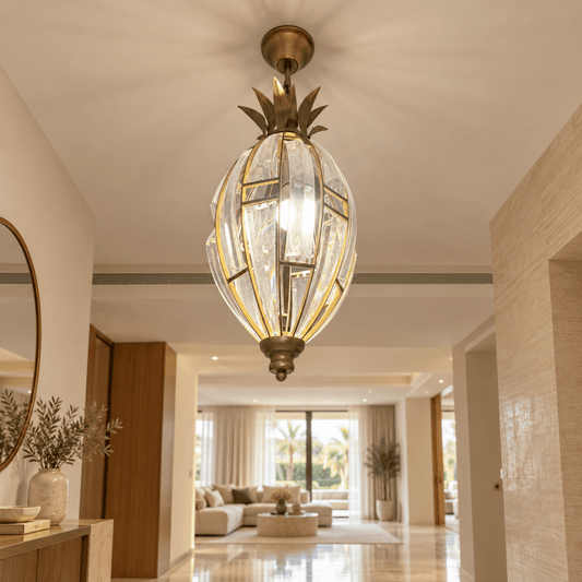 Danube Home Pinecrest Pineapple Crystal Pendant Chandelier – Antique Brass & Clear - Al Thahani Furniture