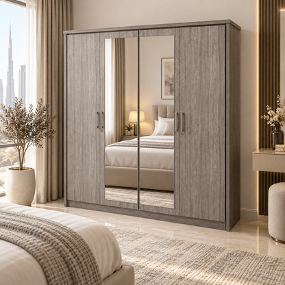 Danube Home Torino 4-Door Mirrored Wardrobe – Grey Oak / Silver Line – 200 cm - Al Thahani Furniture