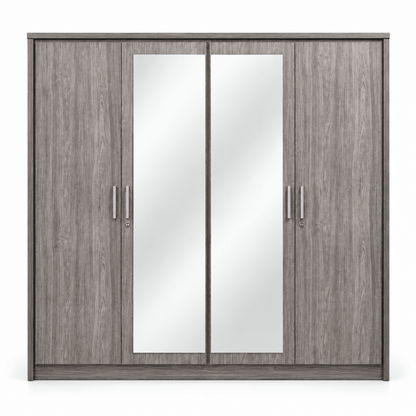 Danube Home Torino 4-Door Mirrored Wardrobe – Grey Oak / Silver Line – 200 cm - Al Thahani Furniture