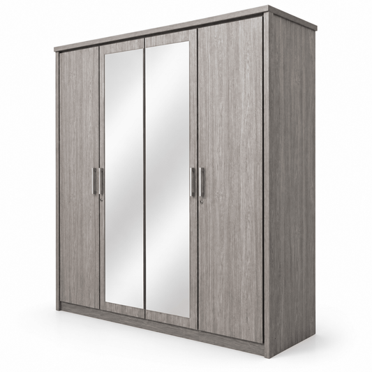 Danube Home Torino 4-Door Mirrored Wardrobe – Grey Oak / Silver Line – 200 cm - Al Thahani Furniture