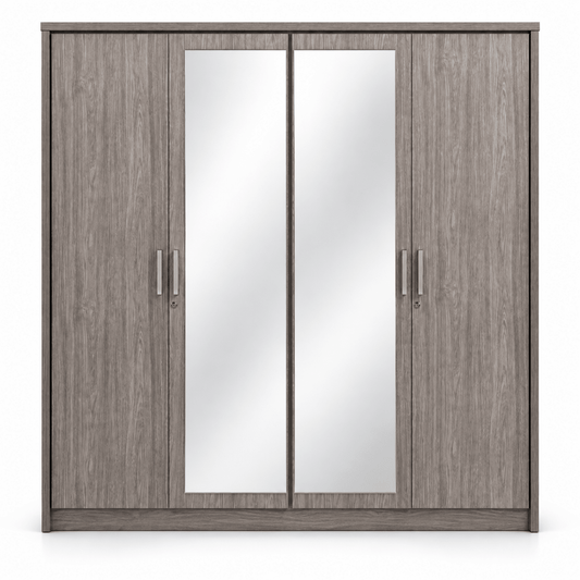 Danube Home Torino 4-Door Mirrored Wardrobe – Grey Oak / Silver Line – 200 cm - Al Thahani Furniture