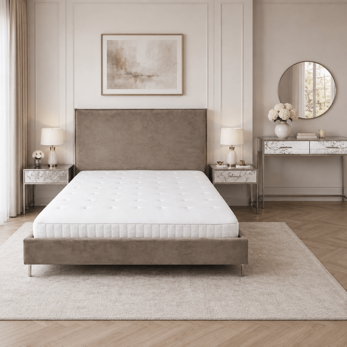 Danube King Bed Set with Mirrored Nightstands, without mattress - used 1 Year - Al Thahani Furniture