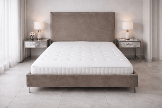 Danube Modern Bed Set – Grey Velvet Upholstery with Mirrored Nightstands – 180x200 cm - althahanifurniture