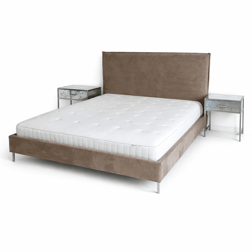 Danube Modern Bed Set – Grey Velvet Upholstery with Mirrored Nightstands – 180x200 cm - althahanifurniture