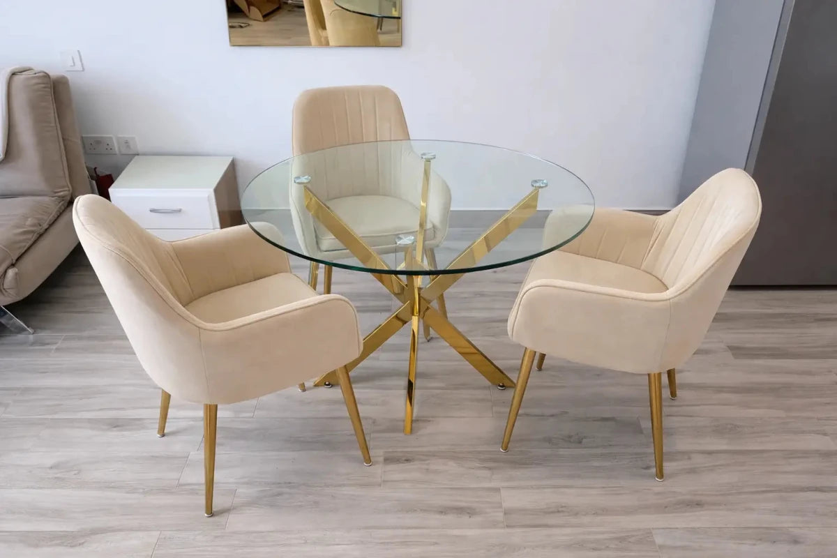 Davos Gold Round Dining Table Set with 3 Chairs – Tempered Glass Top – Gold Stainless Steel Base – Velvet Upholstered Chairs – 100x75 cm - althahanifurniture