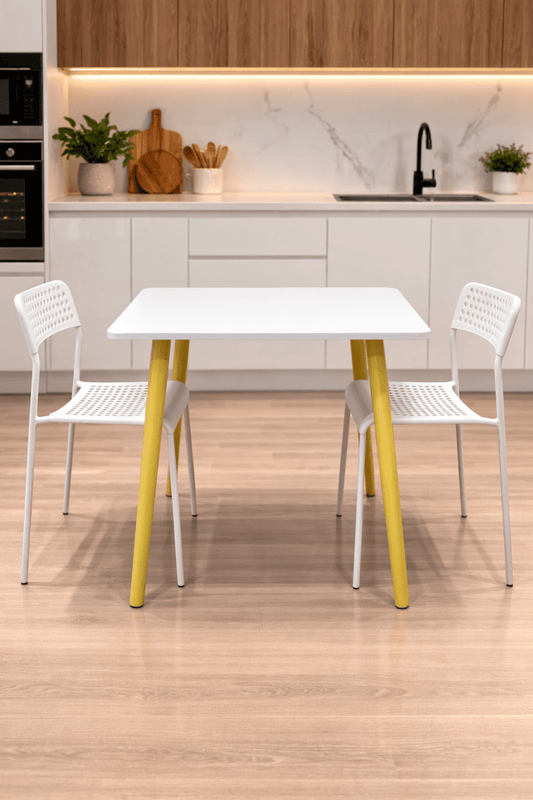 Dining Table with 2 Perforated Stackable Chairs – 80x80cm - althahanifurniture