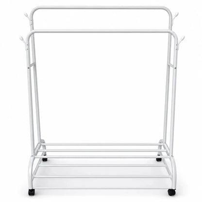 Double-Rod Garment Rack with Wheels | White, 109x57x160 cm - used 3 months - Al Thahani Furniture
