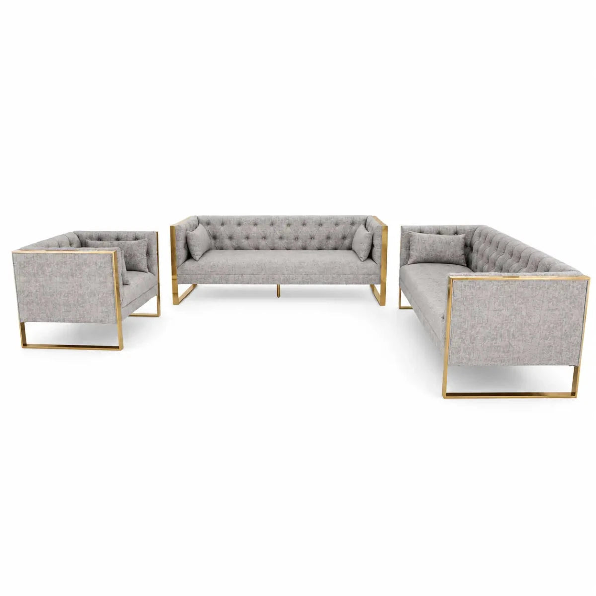 Eastbrook Velvet Upholstered Tufted Sofa Set | Grey, Gold Accents, 7-Seater (3+3+1) - used 6 months - Al Thahani Furniture