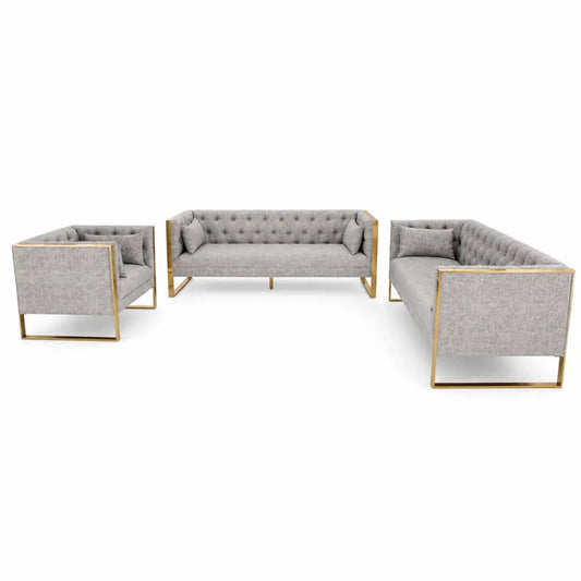 Eastbrook Velvet Upholstered Tufted Sofa Set | Grey, Gold Accents, 7-Seater (3+3+1) - used 6 months - Al Thahani Furniture