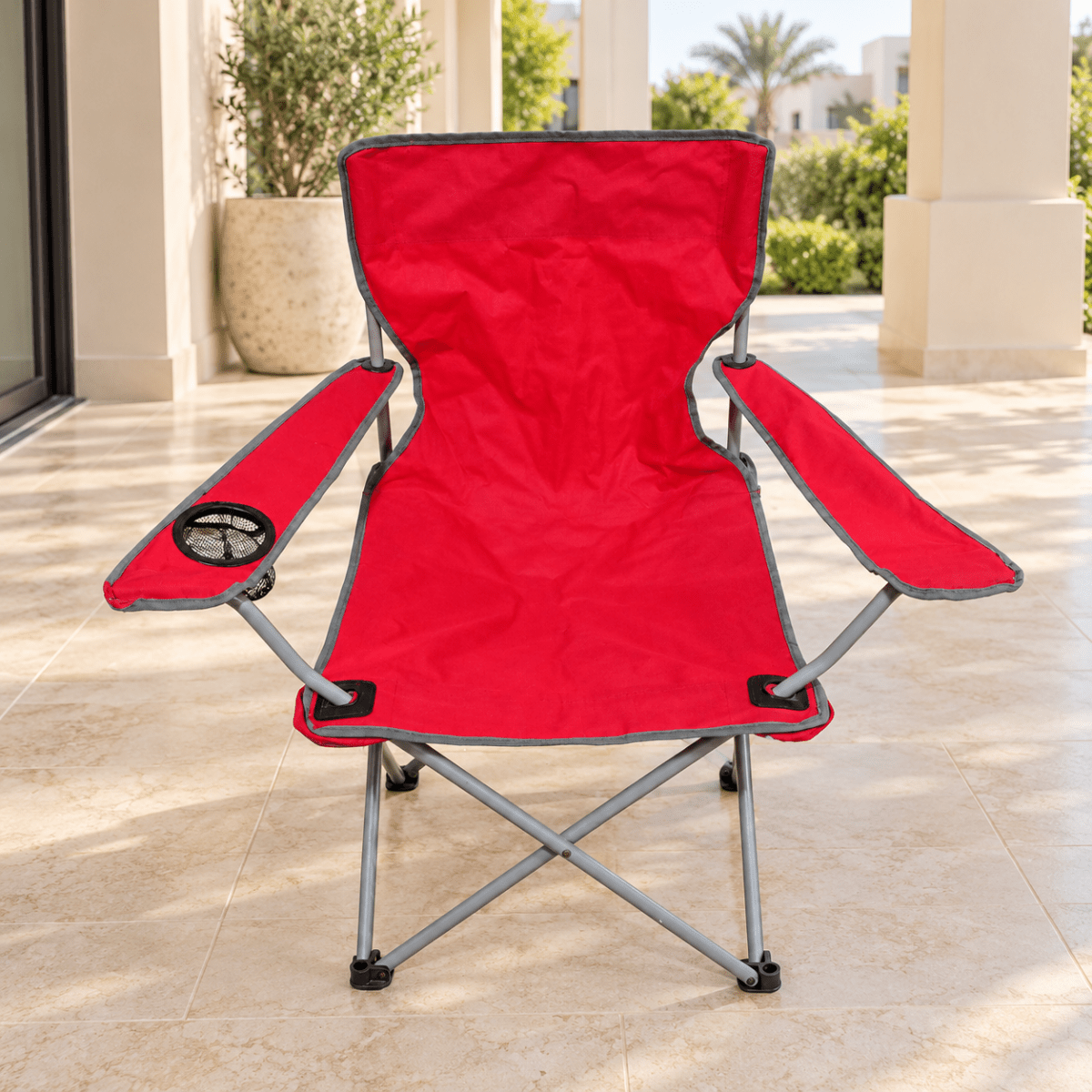 Foldable Camping Chair with Armrests & Cup Holder – Red & Grey - Al Thahani Furniture