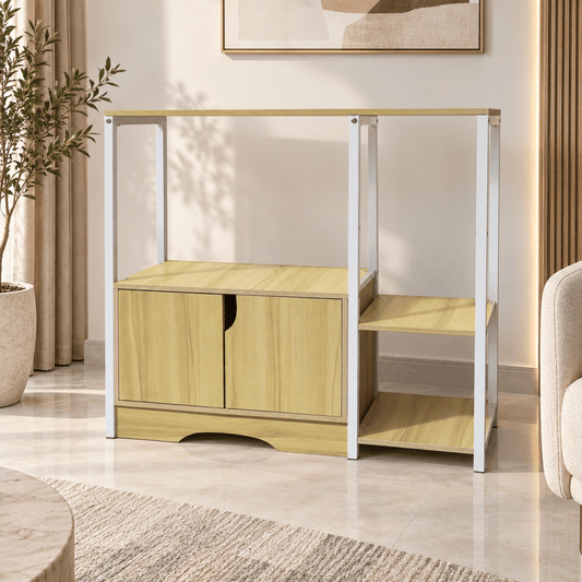 Freestanding Kitchen Storage Cabinet & Microwave Stand with Shelves – Light Oak & White - Al Thahani Furniture