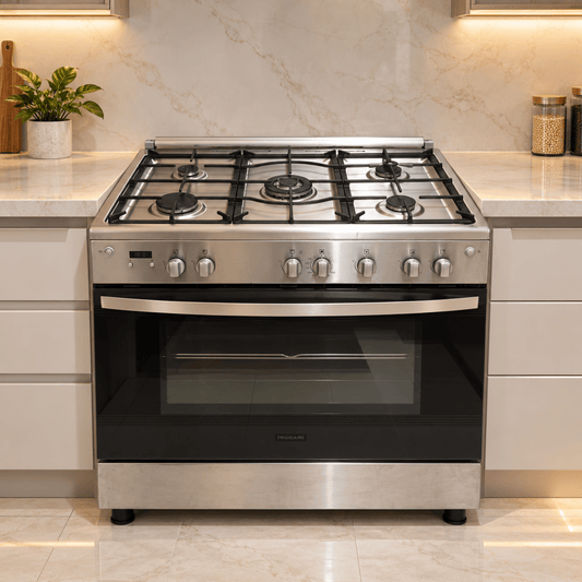 Frigidaire FNGE90JGRS 90cm 5-Burner Gas Cooker with 127L Fan Oven – Stainless Steel - Al Thahani Furniture