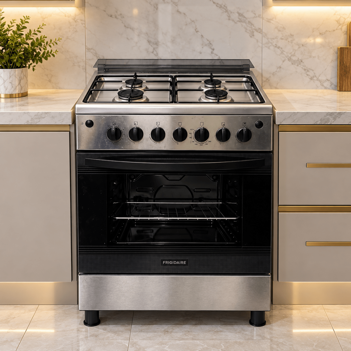 Frigidaire FNGP60JGBS 60 × 60 cm 4-Burner Gas Cooker with 72L Self-Cleaning Oven – Stainless Steel - Al Thahani Furniture