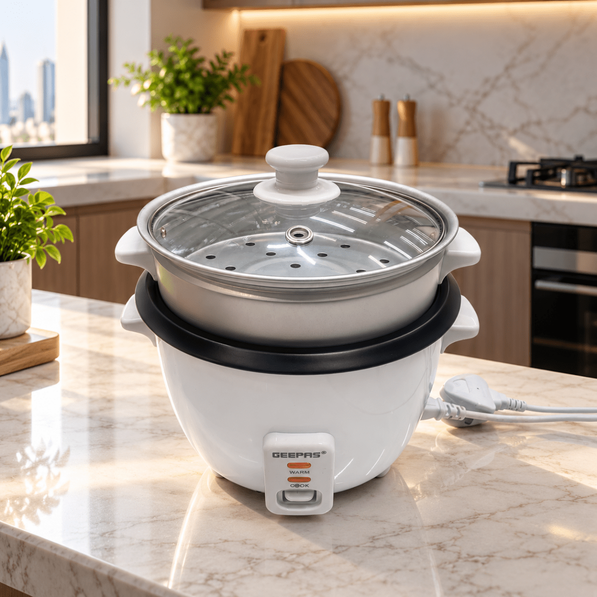 Geepas GRC4325H 1L Multifunction Rice Cooker with Steamer – White - Al Thahani Furniture