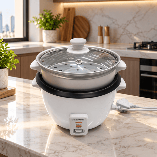 Geepas GRC4325H 1L Multifunction Rice Cooker with Steamer – White - Al Thahani Furniture