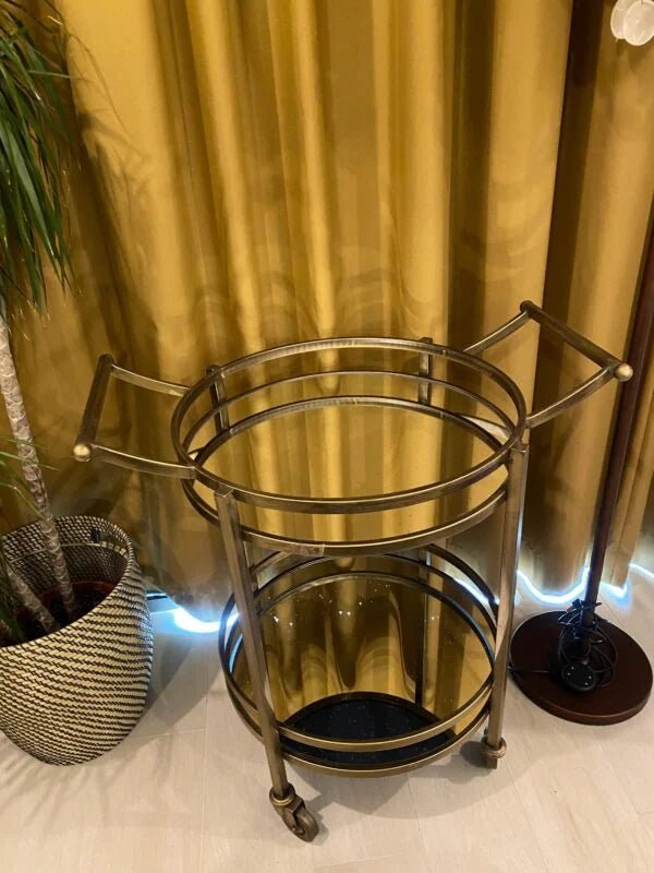 Gold Mirrored Bar Cart | 2 - Tier Round Rolling Serving Trolley - althahanifurniture