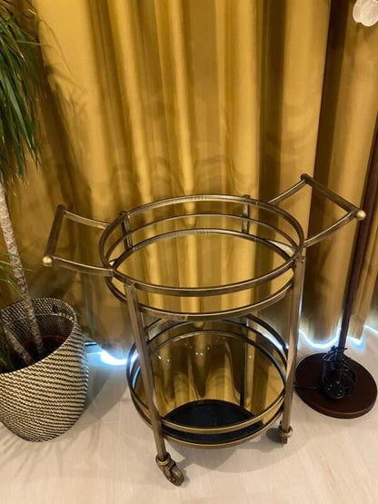 Gold Mirrored Bar Cart | 2 - Tier Round Rolling Serving Trolley - althahanifurniture