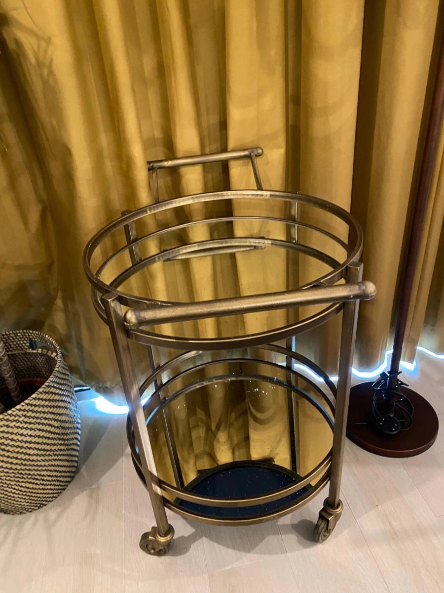 Gold Mirrored Bar Cart | 2 - Tier Round Rolling Serving Trolley - althahanifurniture