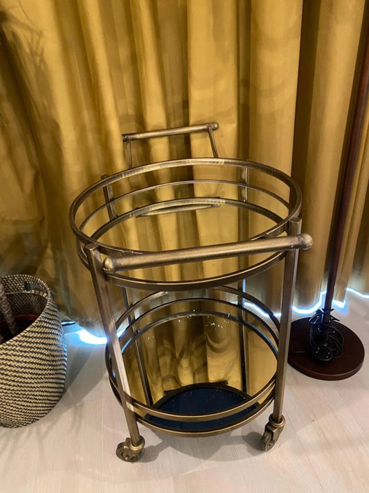 Gold Mirrored Bar Cart | 2 - Tier Round Rolling Serving Trolley - althahanifurniture