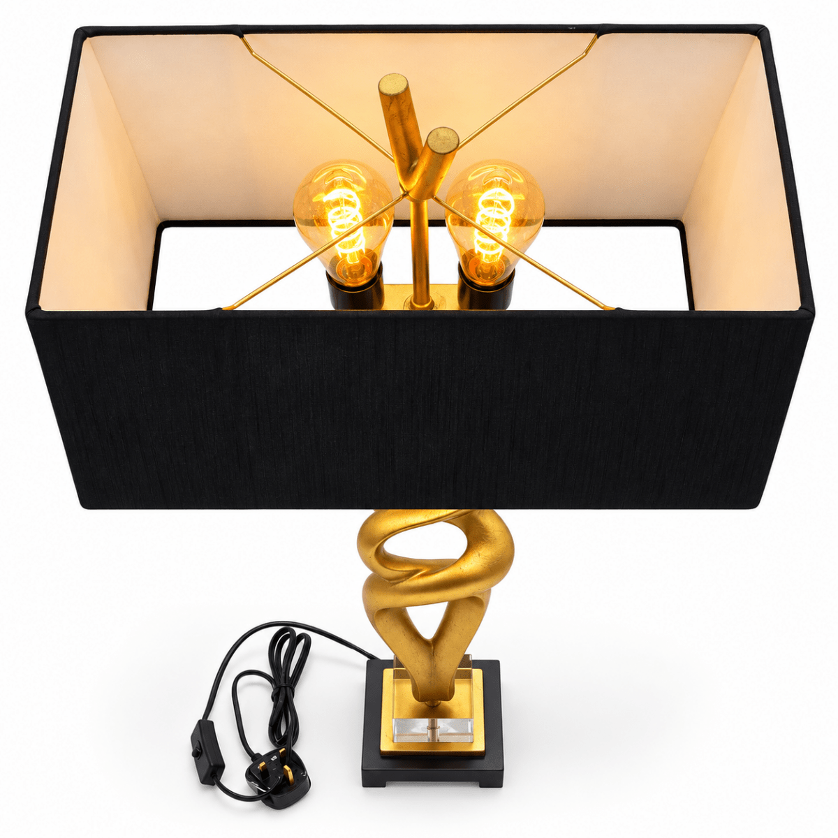Gold Sculptural Double-Bulb Table Lamp with Black Rectangular Shade - Al Thahani Furniture