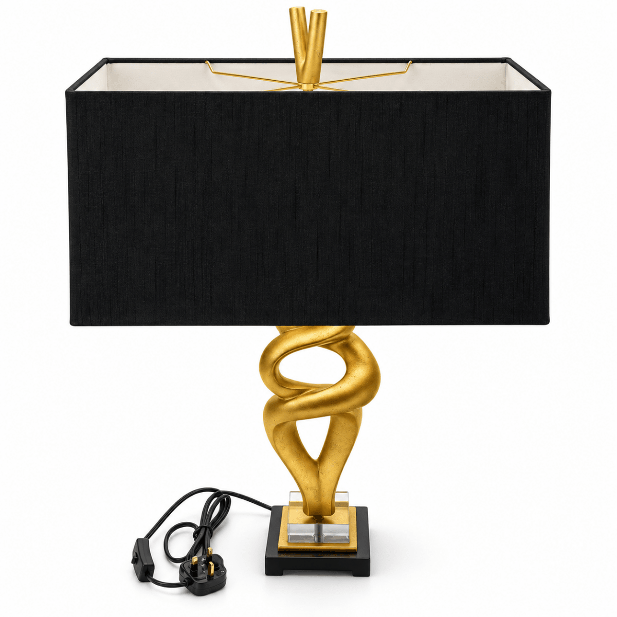 Gold Sculptural Double-Bulb Table Lamp with Black Rectangular Shade - Al Thahani Furniture