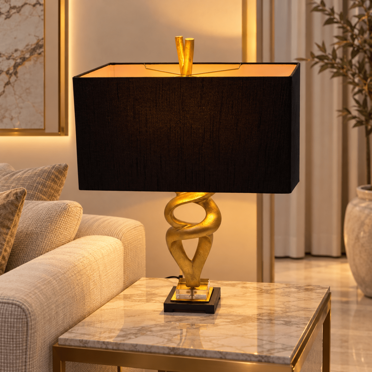 Gold Sculptural Double-Bulb Table Lamp with Black Rectangular Shade - Al Thahani Furniture
