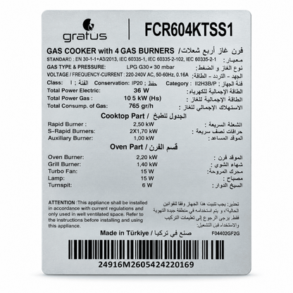 Gratus FCR604KTSS1 60 × 60 cm 4-Burner Full Gas Cooker with 64L Oven – Stainless Steel - Al Thahani Furniture